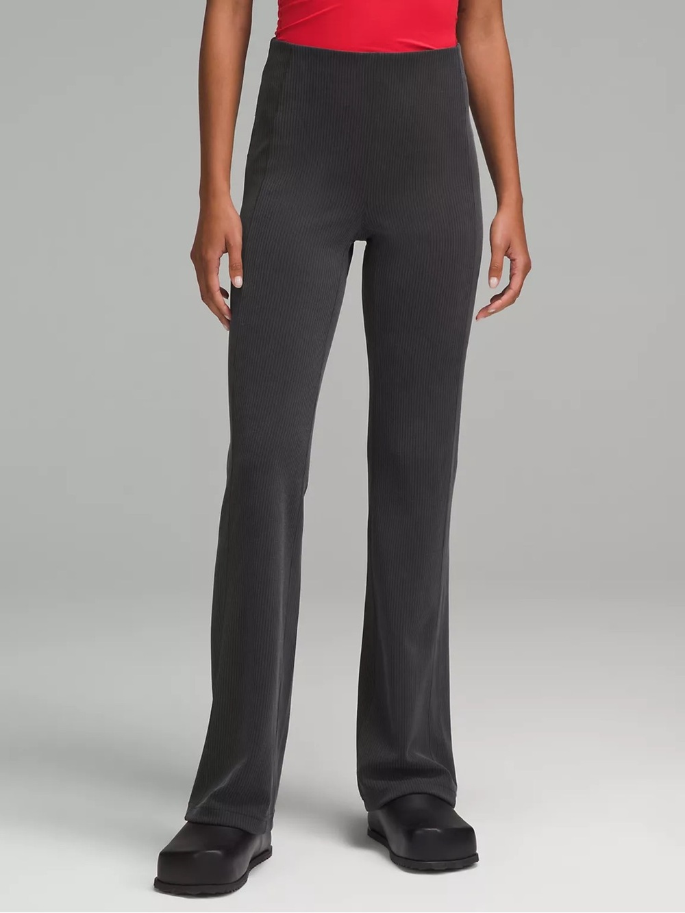 High-Waist Flared Ribbed Pants - Charcoal